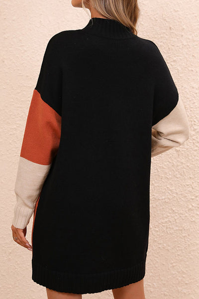 Color Block Mock Neck Dropped Shoulder Sweater Dress - Image 2