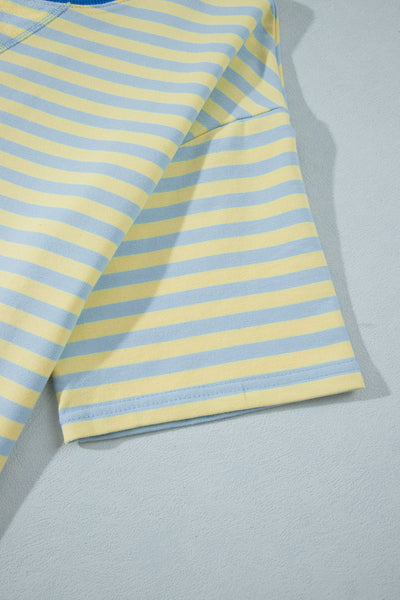 Pink Stripe Colorblock Trim Crew Neck Loose Tee Drawstring Elastic Waist 2pcs Pant Set - Image 26