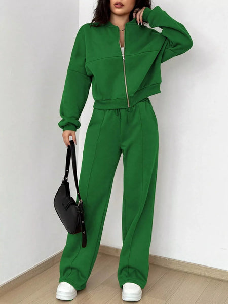 Casual Solid Color Zipper Jacket and Wide Leg Pants Set - Image 13