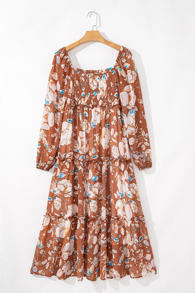 Brown Floral Print Shirred Square Neck High Waist Maxi Dress - Image 6