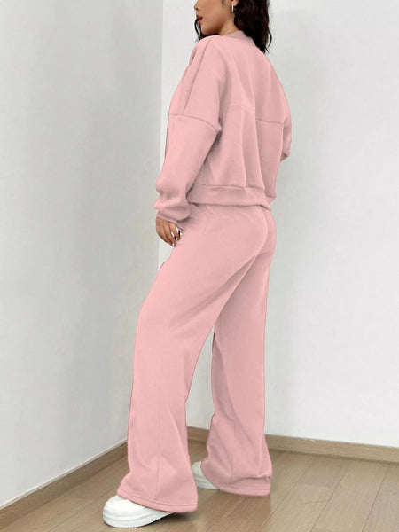 Casual Solid Color Zipper Jacket and Wide Leg Pants Set - Image 7