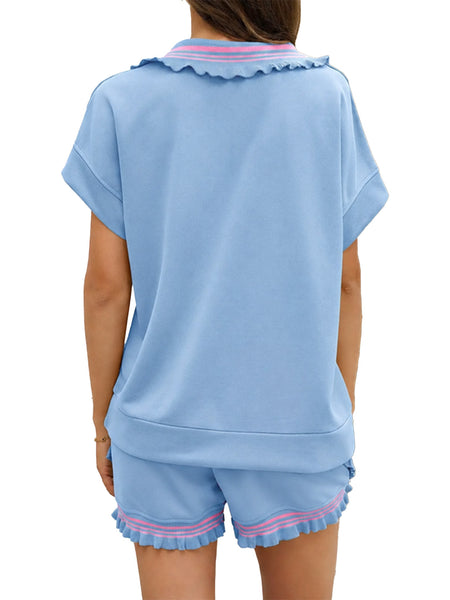 💙Women's Half Zip Ruffle Two Piece Short Set - Image 2