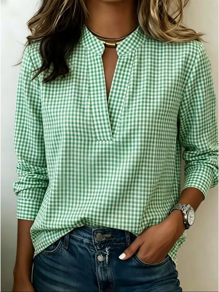Full Size Plaid Notched Long Sleeve Blouse Plus Size - Image 4