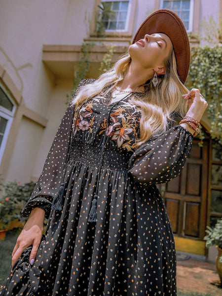 Embroidered Polka Dot Tie Neck Long Sleeve Midi Dress - Image 3