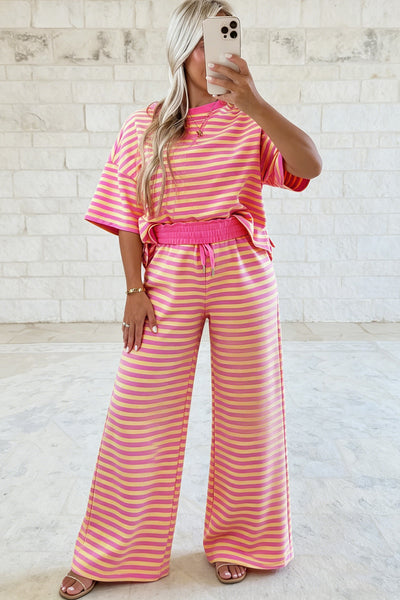 Pink Stripe Colorblock Trim Crew Neck Loose Tee Drawstring Elastic Waist 2pcs Pant Set - Image 2
