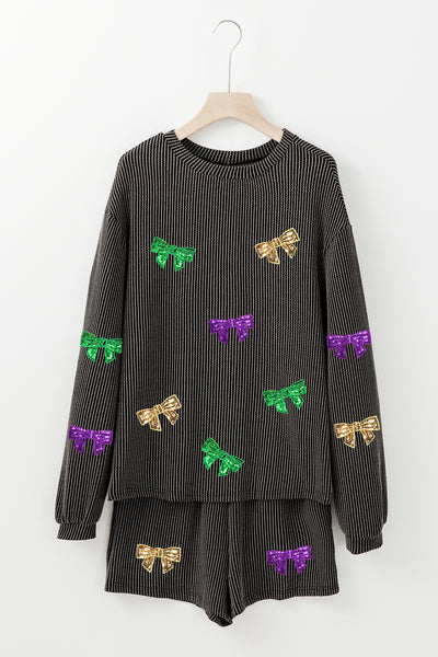Carbon Grey Bowknot Patched Pattern Corded Long Sleeve Top and Shorts Outfit - Image 3