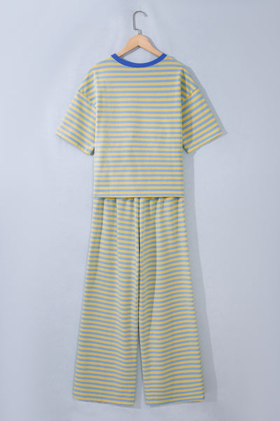 Pink Stripe Colorblock Trim Crew Neck Loose Tee Drawstring Elastic Waist 2pcs Pant Set - Image 18