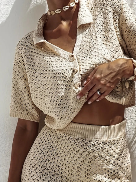 Openwork Button Up Top and Skirt Sweater Set - Image 2