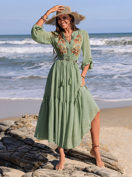 Embroidered Polka Dot Tie Neck Long Sleeve Midi Dress - Image 13