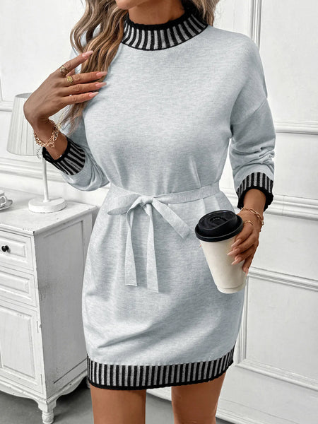 Striped Trim Tie Waist Sweater Dress - Image 2