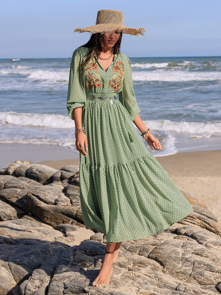 Embroidered Polka Dot Tie Neck Long Sleeve Midi Dress - Image 11