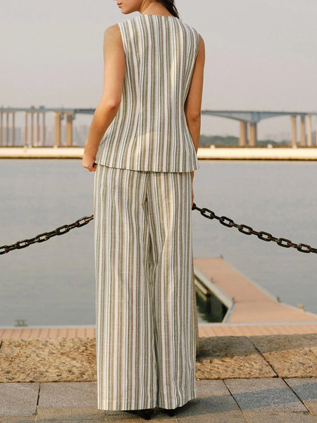 Striped Sleeveless V-Neck Top and Pants Two-Piece Set - Image 2