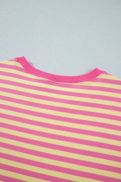 Pink Stripe Colorblock Trim Crew Neck Loose Tee Drawstring Elastic Waist 2pcs Pant Set - Image 11