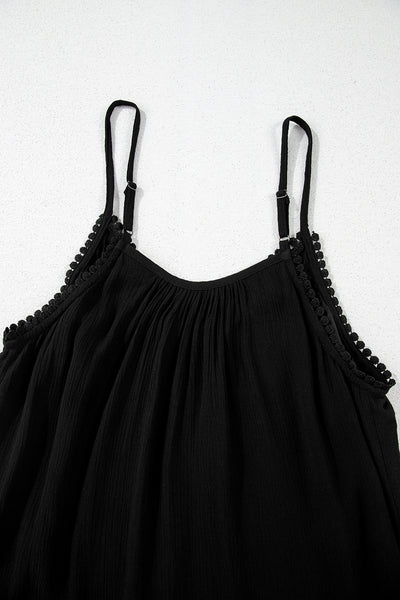 Black Floral Embroidery Ruffled Spaghetti Straps Tank Top - Image 9