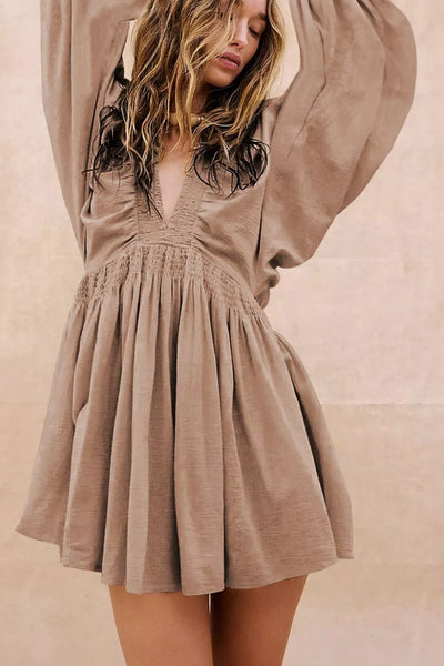 Smocked V-Neck Balloon Sleeve Dress - Image 3