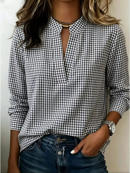 Full Size Plaid Notched Long Sleeve Blouse Plus Size - Image 8