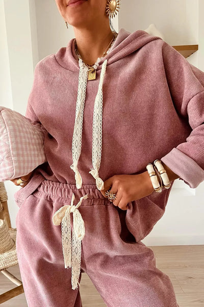 Lace Detail Dropped Shoulder Hoodie and Pants Set - Image 2