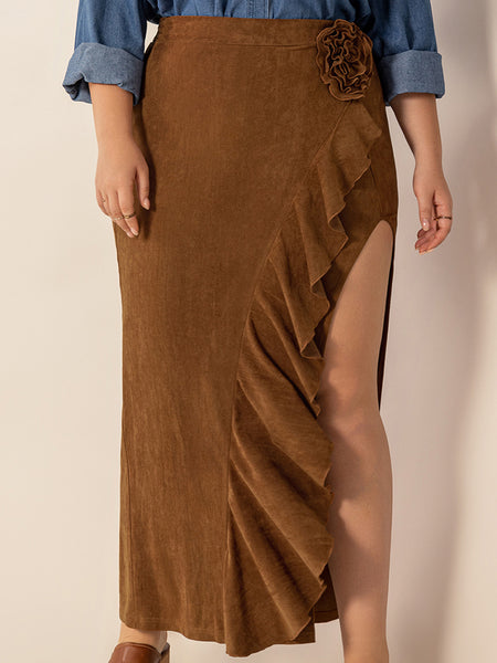 Plus Size Ruffled Slit High Rise Skirt - Image 6