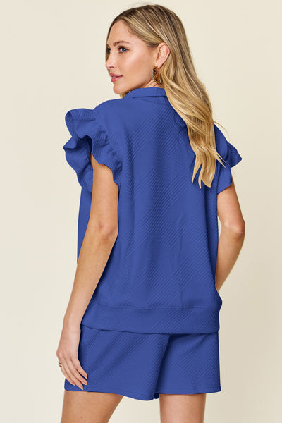 Double Take Full Size Texture Flounce Sleeve Top and Drawstring Shorts Set - Image 21