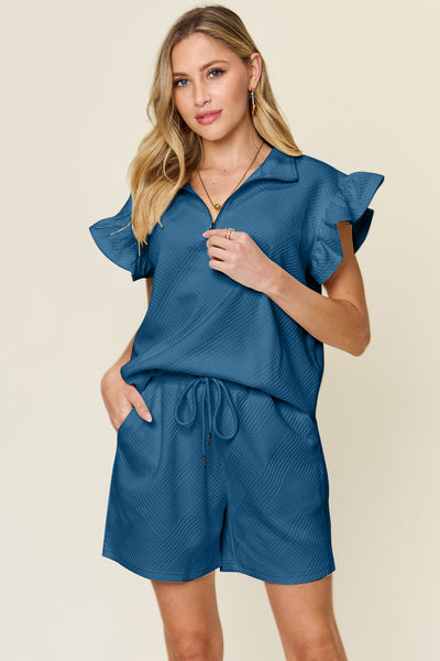 Double Take Full Size Texture Flounce Sleeve Top and Drawstring Shorts Set - Image 25
