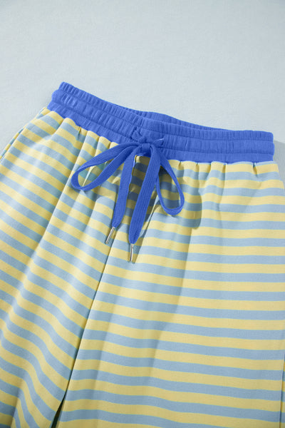 Pink Stripe Colorblock Trim Crew Neck Loose Tee Drawstring Elastic Waist 2pcs Pant Set - Image 22