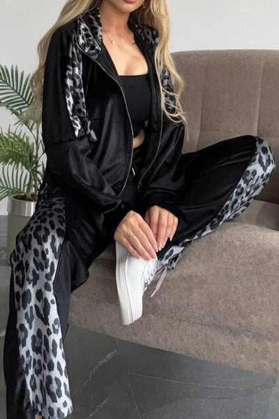 Full Size Collared Neck Leopard Zip Up Top and Pants Set Plus Size - Image 6