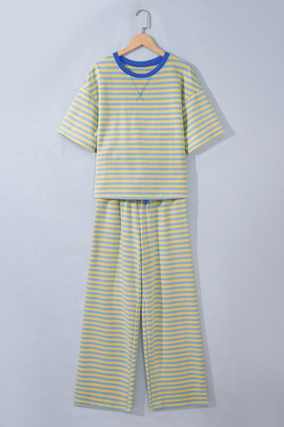 Pink Stripe Colorblock Trim Crew Neck Loose Tee Drawstring Elastic Waist 2pcs Pant Set - Image 17