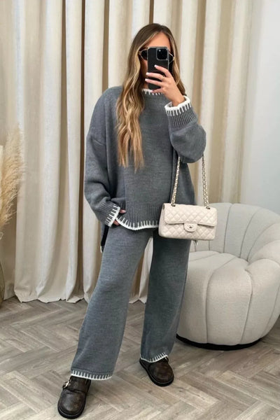 Contrast Trim Round Neck Top and Pants Sweater Set - Image 2