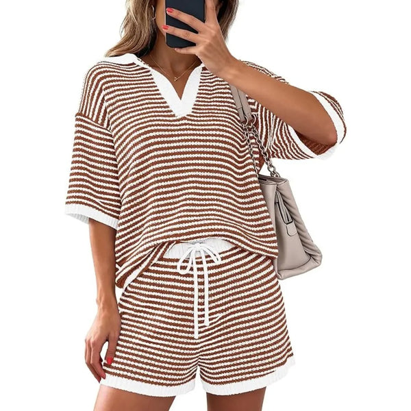Women’s Striped 2 Piece Lounge Set Short Sleeve V Neck Top Drawstring Shorts Beach Summer Outfits - Image 8