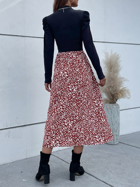 Perfee Printed Mock Neck Puff Sleeve Midi Dress - Image 2