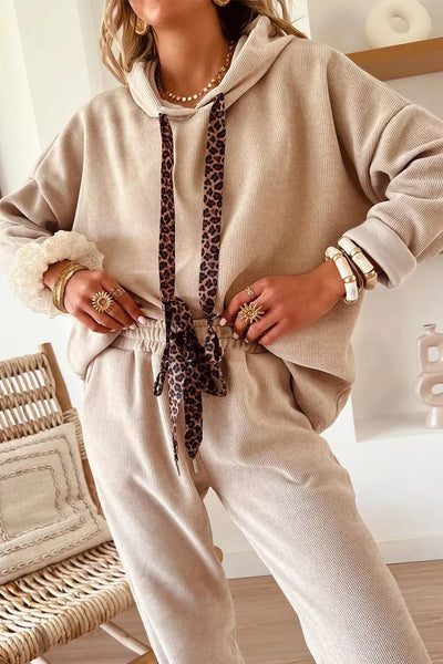 Leopard Drawstring Hoodie and Pants Set - Image 3