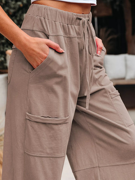 Mineral Wash Exposed Seam Drawstring Elastic Waistband Wide Leg Cargo Pants - Image 5