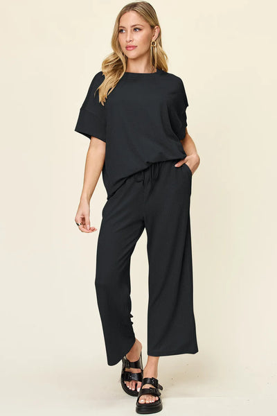 Double Take Full Size Texture Round Neck Short Sleeve T-Shirt and Wide Leg Pants - Image 18