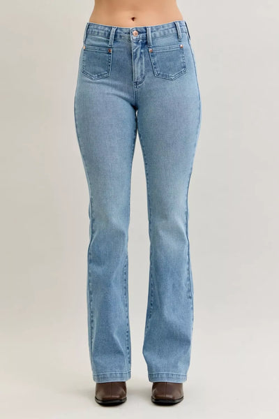 Judy Blue Full Size Mid Rise Bootcut Jeans with Contrast Wash & Front Patch Pockets Plus Size - Image 2