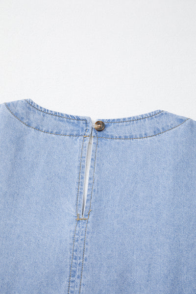 Beau Blue Denim Button Detail Babydoll Square Neck Mini Dress - Image 9