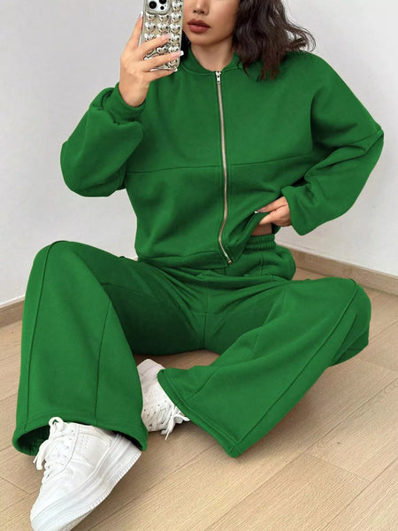 Casual Solid Color Zipper Jacket and Wide Leg Pants Set - Image 10