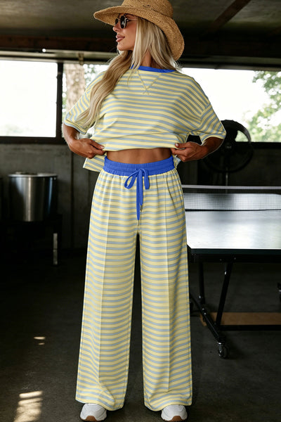 Pink Stripe Colorblock Trim Crew Neck Loose Tee Drawstring Elastic Waist 2pcs Pant Set - Image 16