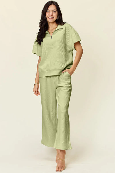 Double Take Full Size Texture Half Zip Short Sleeve Top and Pants Set - Image 10