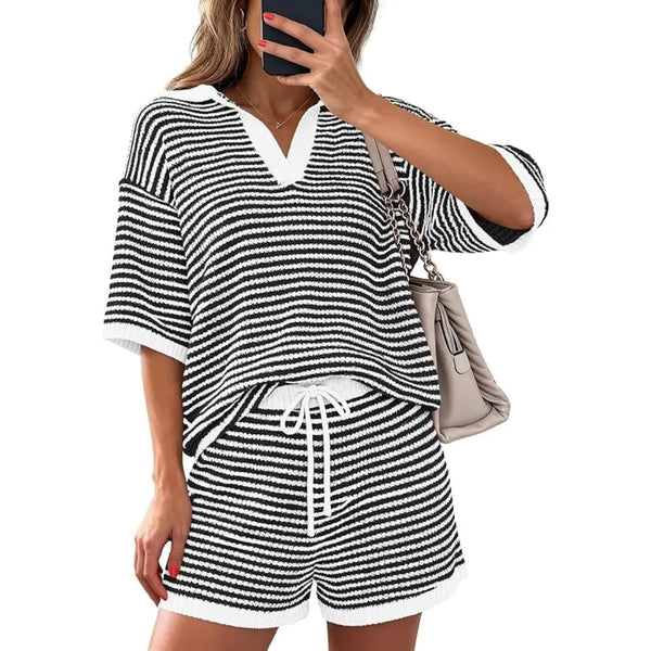 Women’s Striped 2 Piece Lounge Set Short Sleeve V Neck Top Drawstring Shorts Beach Summer Outfits - Image 9