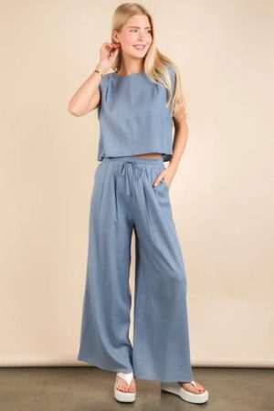 VERY J Solid Woven Top & Pants Set