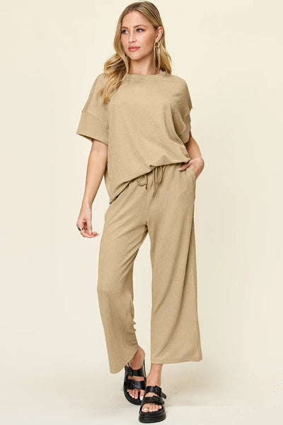 Double Take Full Size Texture Round Neck Short Sleeve T-Shirt and Wide Leg Pants - Image 30