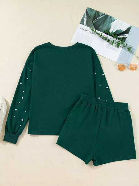 Pearl Embellished Drop Shoulder Pullover Elastic Waist Mini Skirt Set - Image 3