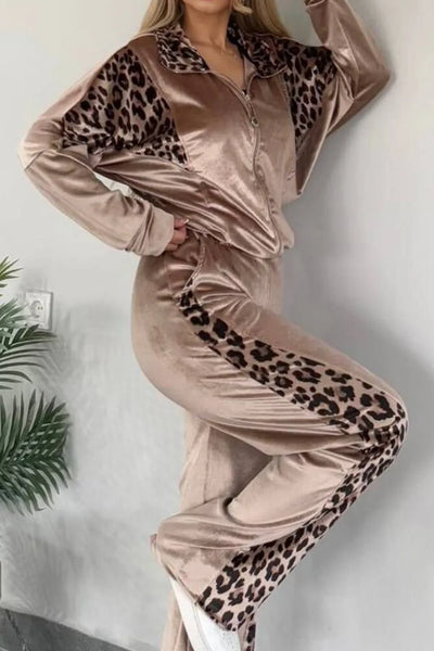 Full Size Collared Neck Leopard Zip Up Top and Pants Set Plus Size - Image 10