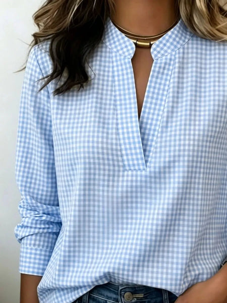 Full Size Plaid Notched Long Sleeve Blouse Plus Size - Image 2