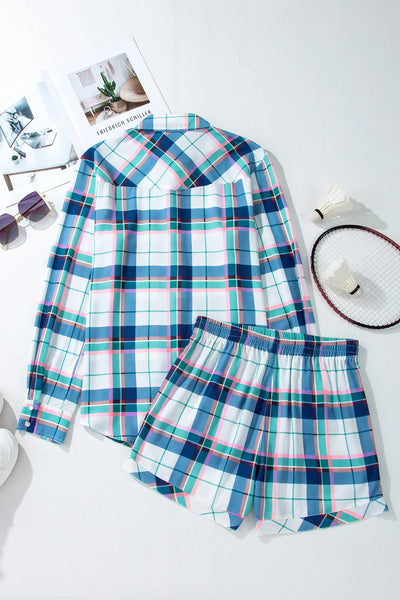 Plaid Snap Down Long Sleeve Top and Shorts Lounge Set - Image 4