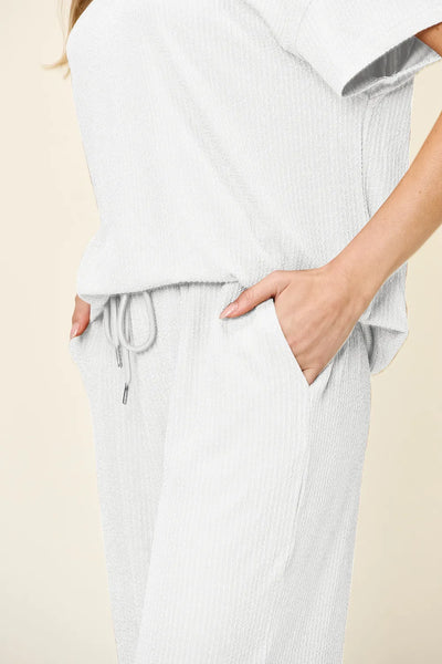 Double Take Full Size Texture Round Neck Short Sleeve T-Shirt and Wide Leg Pants - Image 29