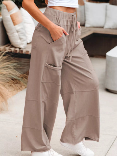 Mineral Wash Exposed Seam Drawstring Elastic Waistband Wide Leg Cargo Pants - Image 4