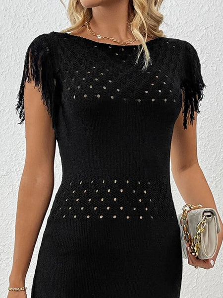 Fringe Crochet Boat Neck Sweater Dress - Image 7