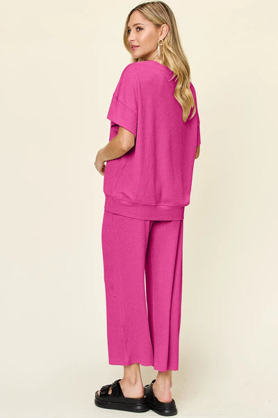 Double Take Full Size Texture Round Neck Short Sleeve T-Shirt and Wide Leg Pants - Image 15