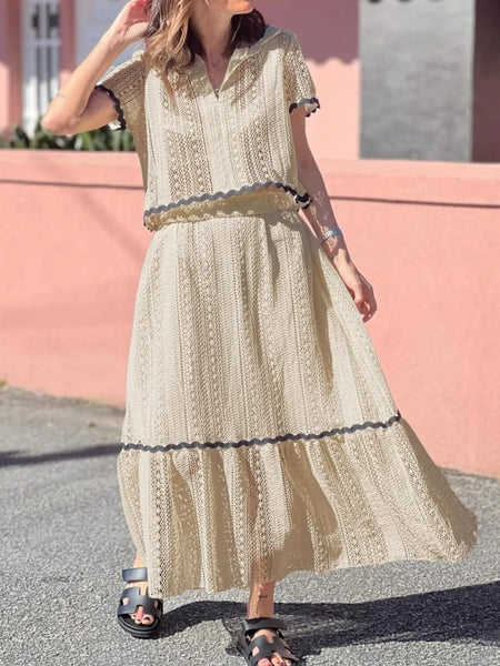 Contrast Trim Openwork Short Sleeve Top and Skirt Set - Image 7